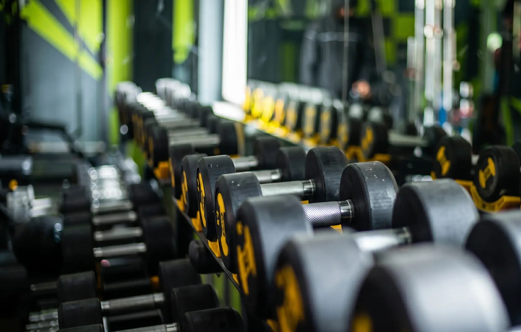 Dumbbell rack lined up along the first floor free weights area